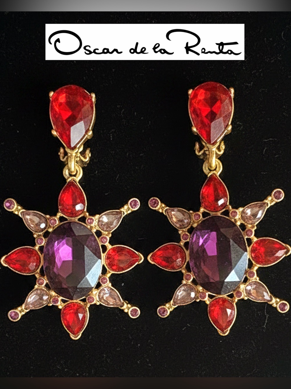 Oscar de la Renta Earrings Gold Jeweled Multi Crystal Starburst Drop Earrings